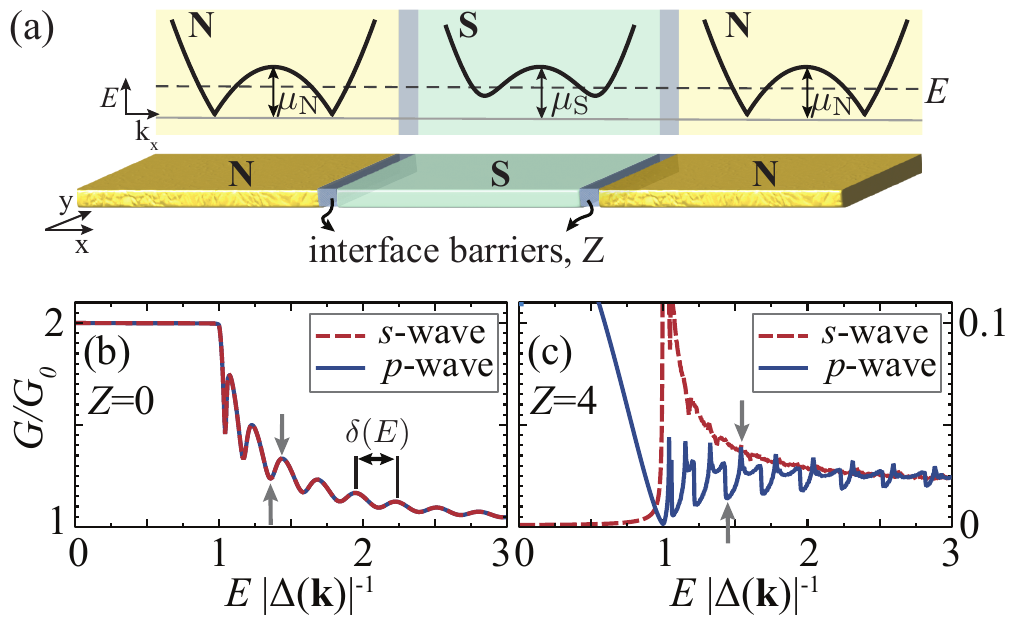 Normal-metal/superconductor/normal-metal junction and conductance showing Tomasch oscillations for s-wave and p-wave pairing